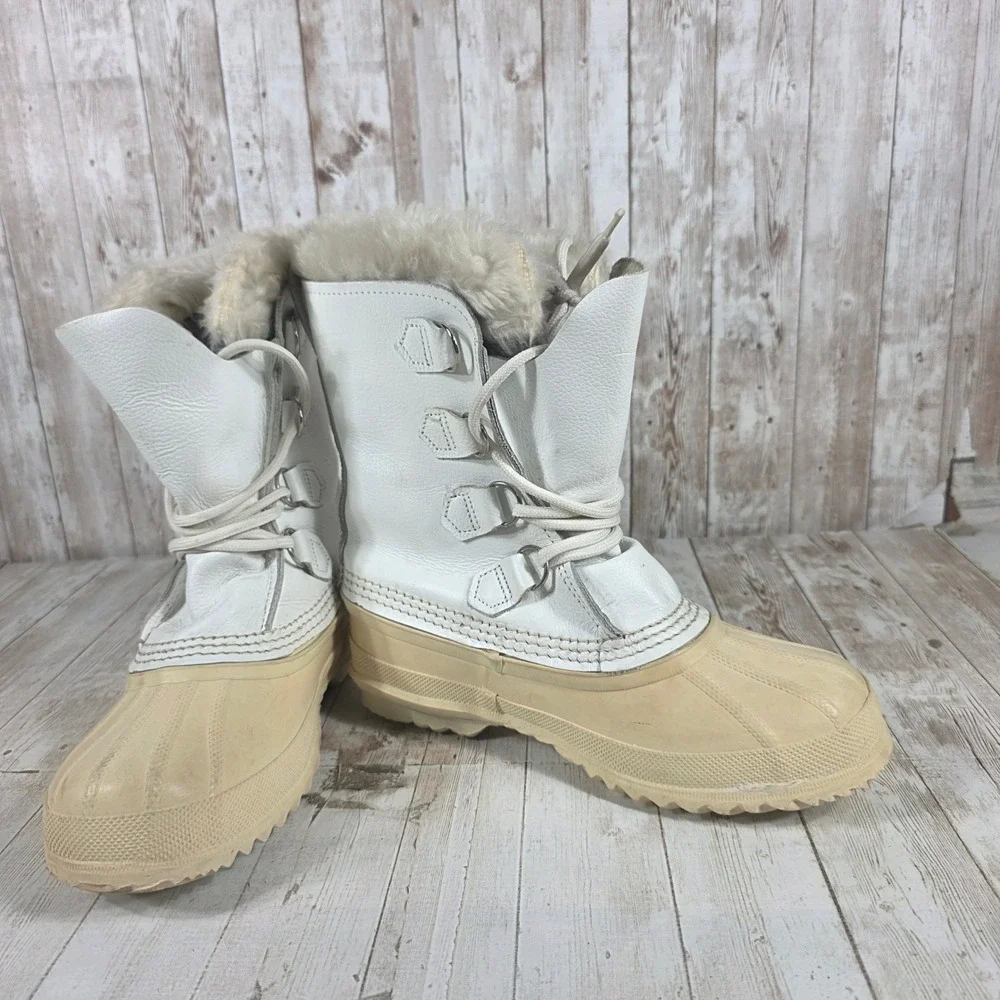Sorel Manitou White Leather Snow Boots Womens 7‎ Made in Canada Duck Boots Fur